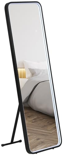 HOMCOM Ganzkörperspiegel, 151,5 x 50 x 4 cm Wandspiegel, Standspiegel mit LED-Leuchte, Dimmbar Lichtspiegel mit Touch-Schlater, für Wohnzimmer, Flur, Schwarz