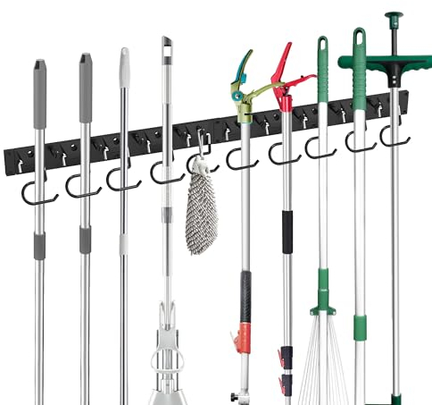 GARLWOLEX 34 Inch Garden Tool Organizer Wall Mount with Non Slip Rubber Coated Metal Hooks, Storage Rack for Indoor/Outdoor Shovel, Rake, Mop and Broom Holder Wall Mount （ 10 Hooks+10 Holders