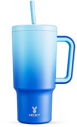 Meoky 30 oz Tumbler with Handle, Tumbler with Lid and Straw, Insulated Stainless Steel Travel Mug, 100% Leak-proof, Cupholder Friendly, Keeps Cold for 24 Hours or Hot for 8 Hours (Sky)