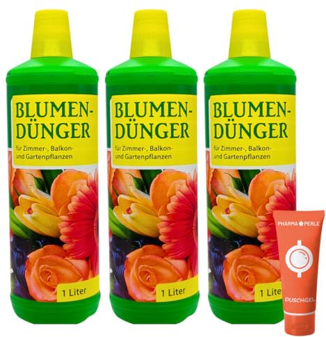 Premium Blumendünger flüssig 3x 1 l für Zimmerpflanzen, Balkon- und Gartenpflanzen I NPK 4-2-2 I Düngemittel I Flüssigdünger I Nährstoff Düngemittel I Spar-Set plus Pharma Perle give-away
