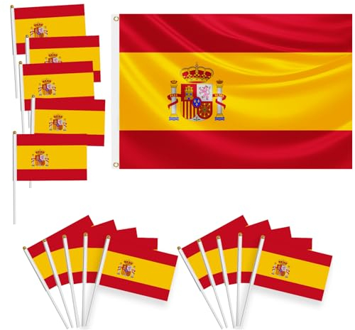 16 pièces Ensemble de drapeaux,décorations de coupe européenne,1 grand drapeau 150x90cm,avec œillets en laiton,15 petits petit drapeau à main,décorés lors d'événements sportifs,fêtes (Espagne)