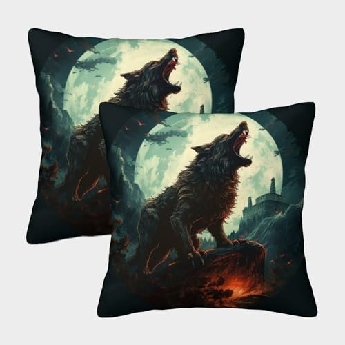 ENYISIYULO 3D-Druck Deko Kissenbezug WerWolf 2er Set Modern Dekokissen Kissenbezüge Wolf Weich Decor Schlafzimmer Kissenhüllen Für Couch Büro Wohnzimmer 50x50cm