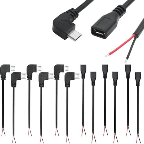 RUNCCI-YUN 12 Pieces Micro USB Pigtail Kabel 5V / 2A 90 Degree USB 2.0 Power blankes Kabel 22 AWG USB 2.0 Plug Socket 2-Pin löten DIY Pigtail Cable for USB Devices Repair DIY Cable(30 cm)