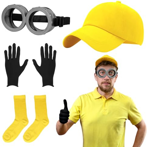 Jokureao 4-teiliges kleines gelbes Mann-Kostüm-Set, Kostümzubehör mit Brille und Hut und Handschuhen, Kinder- und Aldult-Minion-Set für Party-Dekoration, Halloween-Rollenspiele