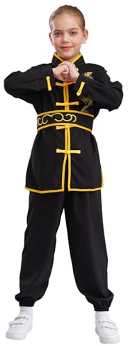 MSemis Kids Girls Boys Chinese Kung Fu Suit Traditional Martial Arts Tai Chi Wing Chun Master Uniform Black 13-14 Years