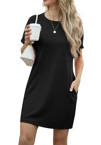 GRECERELLE Womens Summer Mini Dress Cap Sleeve Crew Neck T Shirt Short Casual Beach A Line Dresses with Pockets (Black, S)
