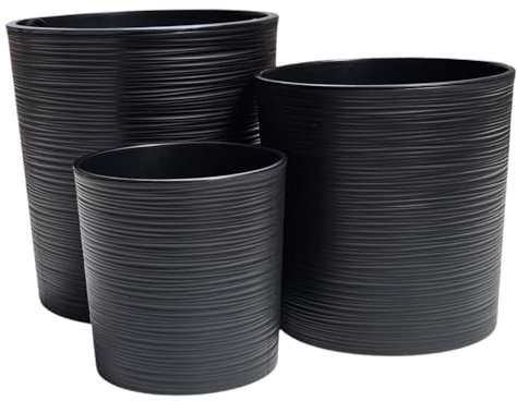HappyFlower Set mit 3 Größen Blumentopf Pflanzkübel inkl. Einsatz rund Meißel-Optik Übertöpfe (Schwarz 3er Set)