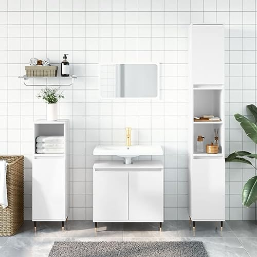 Homvdxl Under Sink Bathroom Vanity Cabinet, Under Sink Cloakroom Storage Cabinet Home Furniture, 2 Doors with Legs, White High Gloss