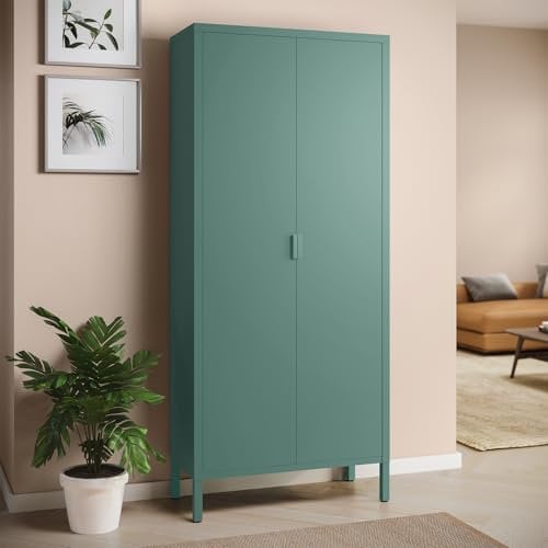 skølm Metallschrank Ituri, Kleiderschrank mit 2 Kleiderstangen, Schlafzimmerschrank Metall dunkelgrün Garderobenschrank mit 4 Ablagen 170 x 80 x 45 cm