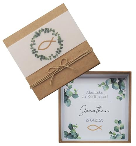 ZauberDeko Geldgeschenk Verpackung Personalisiertes Geschenk Box Kommunion Konfirmation Kraft Fisch Eukalyptus