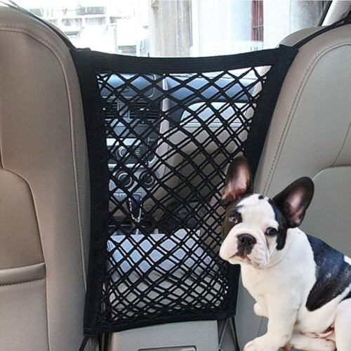 Universal Car Front Seat Pet Barrier Safety Net Mesh Car Dog Guard Auto Divider Guard with Storage Bag Car Seat Gap Organiser for Travel Safety Driving