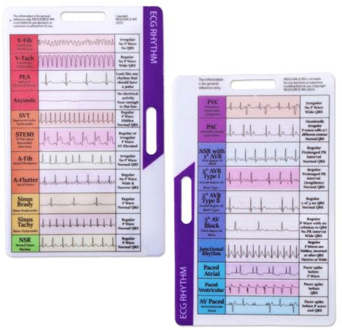 BOXOB 2pcs Cartes D'Interprétation du Rythme Électrocardiographique, Guide Référence Rapide de Poche Portable Carte Badge Recto Verso D'Analyse Cardiaque pour Infirmières Techniciens Étudiants