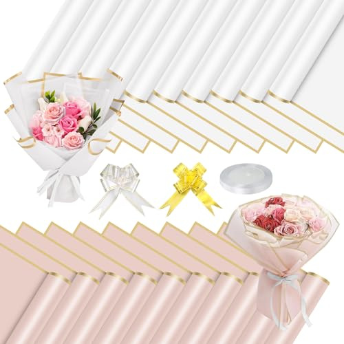 20 Blatt Blumenpapier 58x58cm Weiß und Rosa Bouquet Papier mit Band | Wasserdichtes Blumenstrauß Papier, für Geschenkverpackungen, Floristik, und Bastelbedarf
