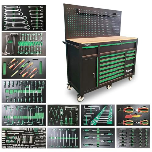 Griplier Professioneller Werkstattwagen mit Werkzeug 348 Teile. Holzarbeitsplatte, 13 Schubladen, Werkzeugbrett (Pegboard), Schwarz-Grün, Rollbar