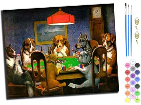 WANGXIAO Malen Nach Zahlen Erwachsene,DIY Ölgemälde Leinwand Kit mit Pinseln und Acrylfarbe für Home Haus Deko,50x40cm,Hund spielt Poker am Spieltisch,ohne Rahmen