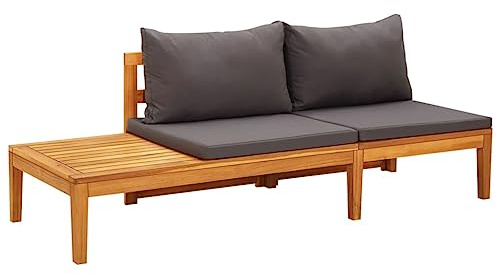 WDGJJFECNMUEHI Gartenbank mit Tisch & Kissen, Outdoor Holzbank aus Massivholz Akazie, Dunkelgraue Polster, Langlebige Gartenmöbel für Terrasse und Garten, Bequeme Sitzbank mit Seitentisch
