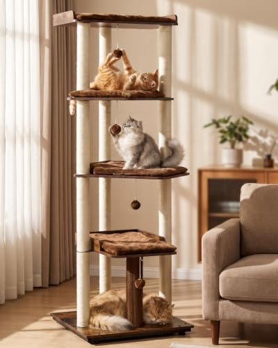 172 cm Large Cat Tree for Cats, Wooden Cat Tower with Scratching Posts | XXL Cat Tree with Washable Cushions, Cat Towers for Indoor Cats, Cat Climbing Frame large Cats, Rustic Brown