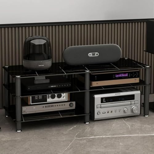 Tereo Cabinet With Tempered Glass, 2/3-Tier AV Media Stand, For Game Consoles/DVD Players/Projectors/TV Accessories(Black gold)
