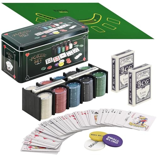 GEN:ZAI Pokerset mit Blackjack Tischmatte 200 Chip Casino Set mit 2 Spielkartendecks in Aufbewahrungsdose Weihnachten Partyspiel