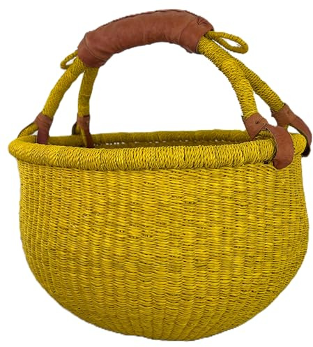 Großer Bolga Rundkorb ca Ø 30 x 30 cm – Original aus Ghana – Handgefertigt – Fair Trade – Einkaufskorb mit Ledergriff Gelb