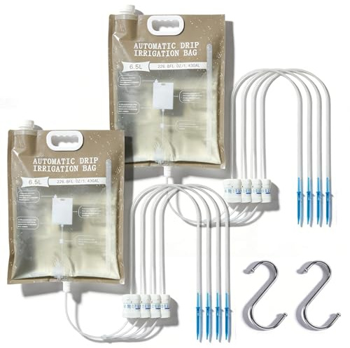 2 pezzi sacchetti per irrigazione a goccia per piante da 6,5 l, sacchetti per alberi per irrigazione con 4 interruttori di controllo regolabili e 2 ganci a S, dispositivo di irrigazione in plastica