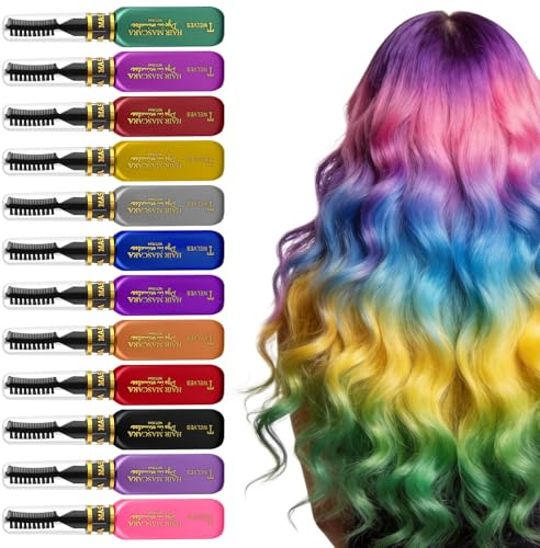 BUTBU Lot de 12 Craie Cheveux Colorées, Cheveux Set, Couleur De cheveux Lavable Mascara, Teinture Temporaire pour cheveux, Cadeaux de Noël, D'anniversaire