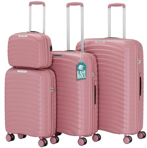 PROVITERA Set 4 Valigie Rigide con Beauty Case in Polipropilene Ultra Resistente agli Urti, Trolley Manico Telescopico e Ruote Easy Roll, Serratura Codice Rinforzata e Design Moderno (Rosa)