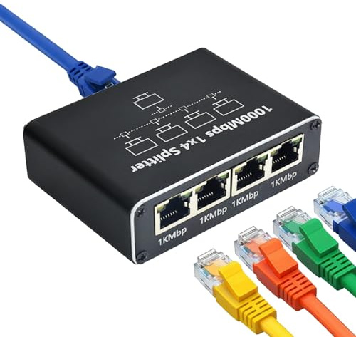 Menibeuty Netzwerk Ethernet Splitter 1 Auf 4 1000Mbps, LAN Switch 4 Port Aluminium LAN verteiler, RJ45 Gigabit Switch mit Type-C-Netzkabel für Computer/Switch/Hub/Router/Set-Top Box/Digital-TV