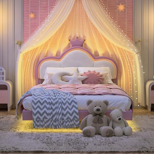 UwvEranthropy Polsterbett Einzelbett 140x200 cm für Kinder, Mädchenbett mit LED Beleuchtung & App-Steuerung, Kinderbett im Krone-Design, Höhenverstellbares Kopfteil, Samt Rosa & Weiß