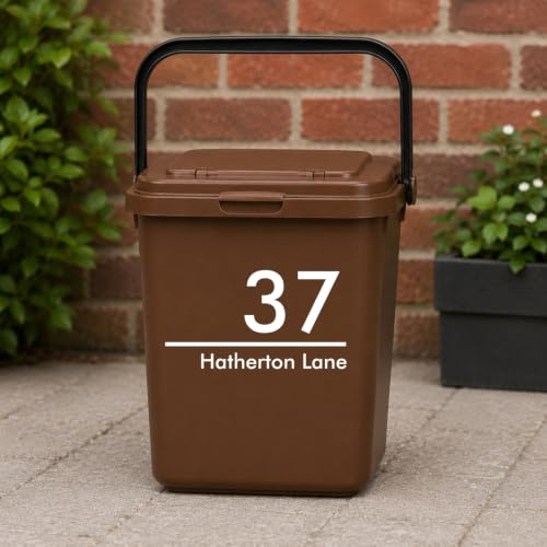 Personalised Food Waste Bin Sticker – Custom House Number & Street Name Vinyl Decal – Waterproof Outdoor Bin Label – Self-Adhesive Address Sign for Brown Food Waste Caddy & Kitchen Compost Bin