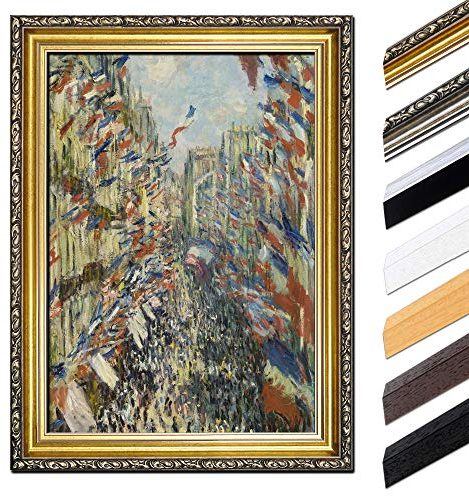 Bild mit Rahmen - Claude Monet Die Rue Montorgueil in Paris, Feier Juni 30 85x110 cm - Gerahmtes Leinwandbild Alte Meister - Antiker Rahmen Gold Barock, Klassisch