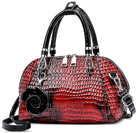 FORRICA Handtasche Damen Krokodilmuster Umhängetasche PU Leder Frauen Schultertaschen mit Blume Anhänger Elegant Henkeltaschen für Verabredungen Bankett Shopper Rot