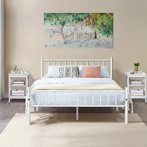 FURNITABLE Small Double Bed Metal Bed Frame Solid Bedstead Base with 2 Headboard for Adults Childre, Fit for 120 x 190 cm Mattress, White
