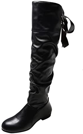 LOIJMK tinta unita torba papillon posteriore spesso tacco lungo stivali senza tacco donna, Nero , 39 EU