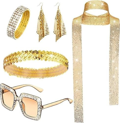 Disco Accessoires, 5pcs 70er Damen Glitzer Schmuck, 70er Jahre Disco Zubehör, 70er Jahre Kostümzubehör, Disco Schmuckset, mit Pailletten Schal Ohrringen Sonnenbrille Haarband Armband (Gold)