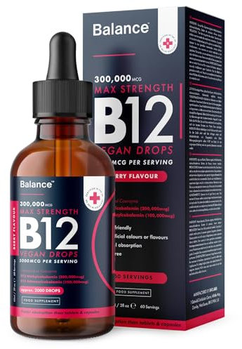 Vitamin B12 Liquid Drops - High Strength 5000mcg per Serving - Vegan Supplement - 60ml Bottle at 4X Concentration - 2 Month Supply of Premium Vitamin B12 Extract - Made in UK by Balance