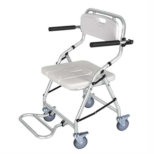 Disabled Shower Chair with Wheels Commode Shower Wheelchair with 4 Lockable Mute Wheels for Seniors, Handicap,Disabled and Pregnant White