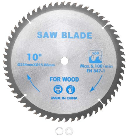 Kozelo Circular Saw Blade - [10 Inch x 60 Teeth x 5/8 Inch Arbor] Tungsten Carbide Tipped Table Miter Saw Blades with 5/8 Inch to 1/2 Inch 3/8 Inch Washer Adapters | Silver