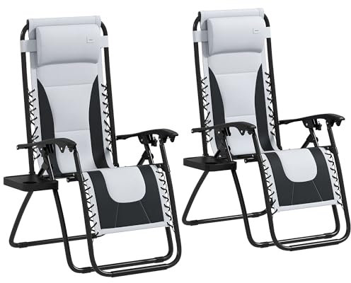 Outsunny Zero Gravity Lounger Chair Set of 2, Folding Reclining Patio Chair with Padded Seat, Cup Holder, Soft Cushion and Headrest for Poolside, Camping, Grey