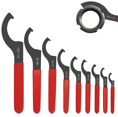 aleawol 9-Teiliges C Hakenschlüssel Set 21-79mm Schraubenschlüssel | Gewindefahrwerk Gewinde Haken SchlüSsel mit Rot Rutschfestem Griff Hakenschlüssel mit Nase für Anziehen oder Lösen von Nuss