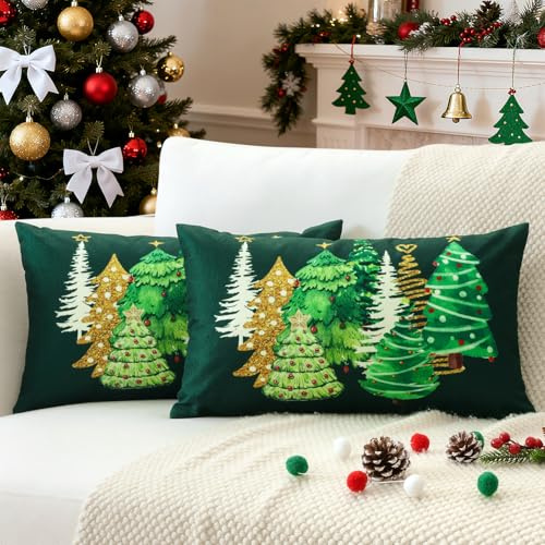 JOTOM 2er Set Weihnachten Kissenbezüge, Weihnachtsbaum Doppelseitiges Muster Dekorative Zierkissenbezug Dekokissen Kissenbezug Moderne Kissenhüllen für Wohnzimmer Garten (40x60cm, Grün)