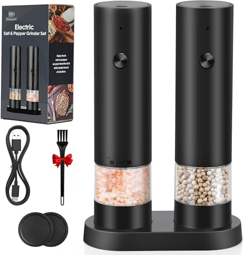 Rechargeable Electric Salt and Pepper Grinder Set USB Automatic Pepper Mill with Ceramic Grinding Core, Adjustable Coarseness, One Button Operation, Dust Cover & Storage Base (Black)