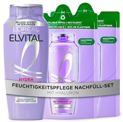 L´Oréal Paris Elvital Hydra Hyaluronic 72H Feuchtigkeits-Auffüllendes Shampoo Nachfüllset, Vorteilspack mit 1 Standardflasche (1x300ml) und 2 Nachfüllpacks mit -60% weniger Plastik (2x250ml)