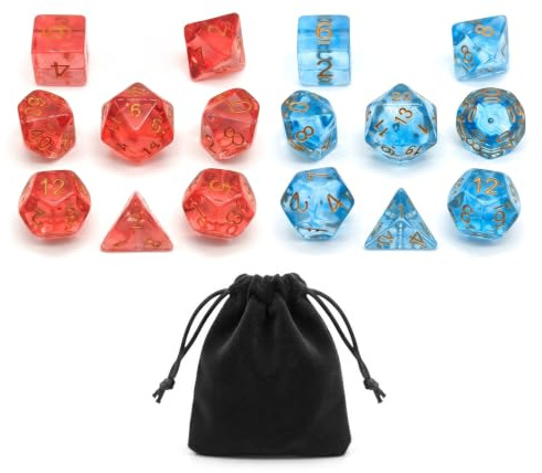 FIQLUL Set di 14 Dadi Poliedrici in Resina Effetto Cristallo, 2 Set da 7 Pezzi per, RPG e Giochi di Ruolo, Numeri Oro Leggibili, Include Sacchetto in Velluto (Celeste e Rosso)