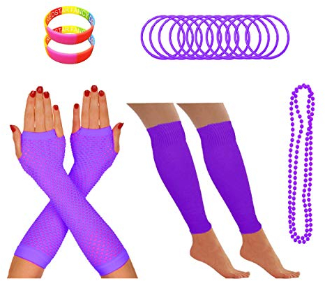REDSTAR FANCY DRESS® Neon 1980s Party Outfit - Leg Warmers Fishnet Gloves Necklace Beads Gummies Neon Wristband (Purple)