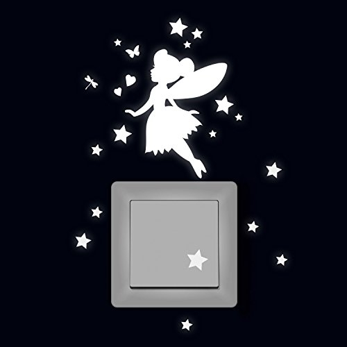 ilka parey wandtattoo-welt® Lichtschaltertattoo Elfe Fee fluoreszierend Leuchtsticker mit Elfe Fee Sterne & Herze M2214
