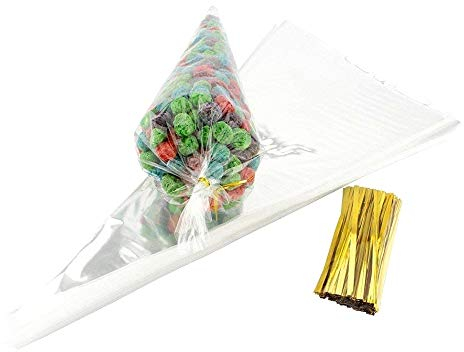 JZK 100x Transparente kegelförmige Bonbontüten mit Bändern Partytüten Zellophan Geschenktüten für Leckereien Snacks Konfetti Kekse Popcorn für Hochzeit Geburtstag Weihnachtsfeier