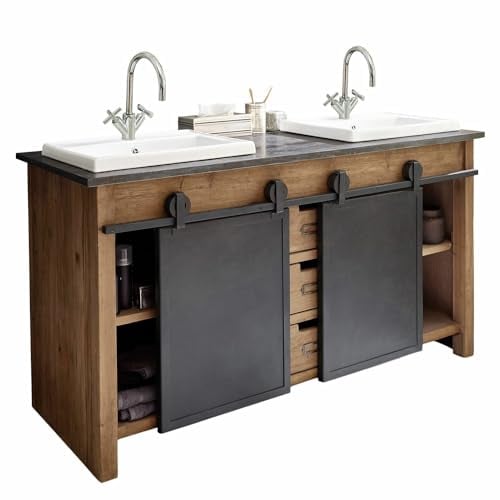 Loberon Doppelwaschtisch Aulon, viel Stauraum, Zwei Schiebetüren und DREI Schubladen, Vintage-Design, Badmöbel, Mangoholz, Marmor, Keramik, schwarz/antikbraun