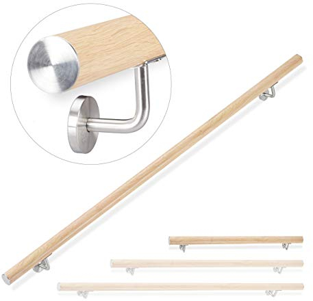 Relaxdays Handlauf Aluminium, rund, Treppengeländer innen, außen, Buche-Optik, 100 cm, Ø 42mm, mit Wandhalterung, natur