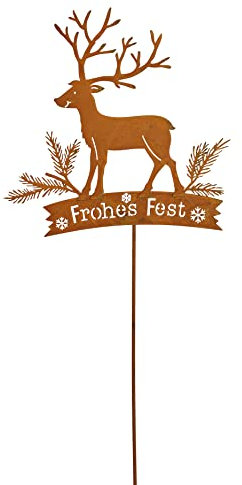 Gartenstecker im Rost Design Hirsch mit Schriftzug Frohes Fest - Rostfigur für den Garten, Dekofigur